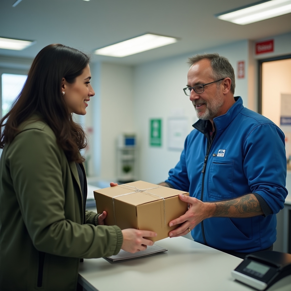 Person handing a sealed return package to a postal worker at a post office counter