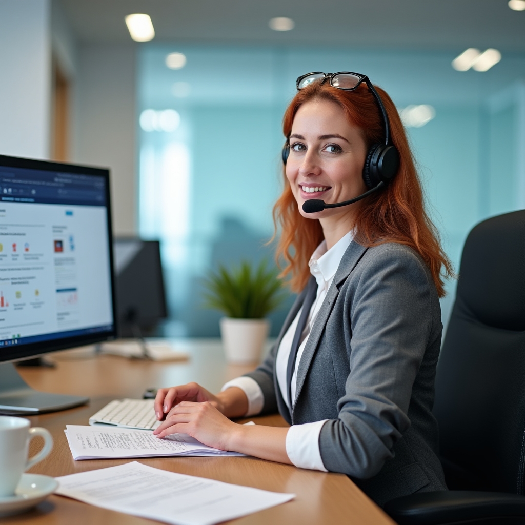 Consumer advisor at a desk speaking on the phone, with UOKiK-style official documents visible in the background